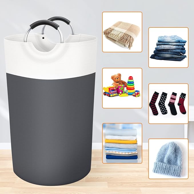 BlissTotes Laundry Basket, Laundry Hamper, Collapsible Laundry Baskets, Dirty Clothes Hamper, Waterproof Laundry Basket with Foam Protected Aluminum Handles for College Dorm, Family 90L (Gray) | Collapsible Dirty Clothes Hamper, Foldable Laundry Bag fo...