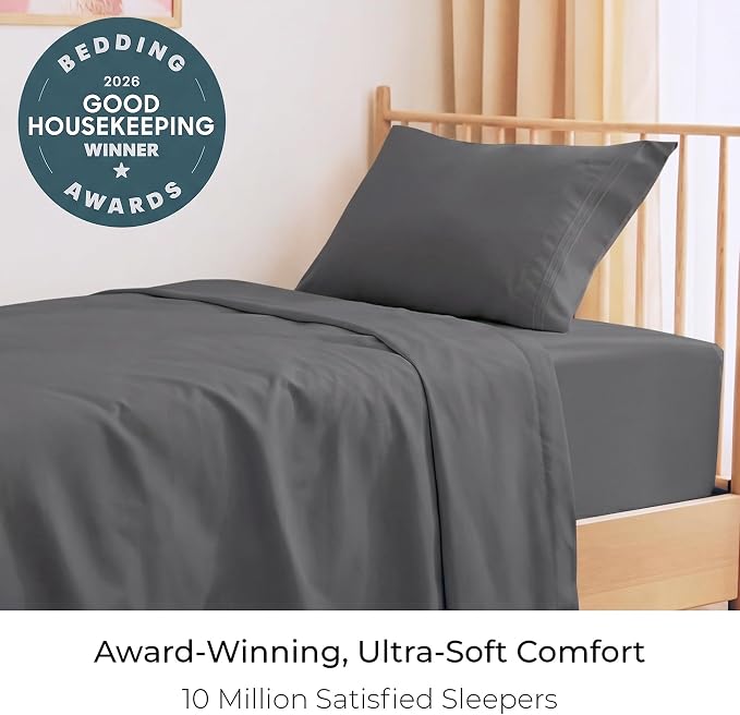 Mellanni Iconic 3-Piece, Ultra Soft Sheet Set (Twin XL, Gray) | 10M+ Sleepers. Lab-tested: Sleeps Cool, Stays Bright, Strong, Smooth. Good Housekeeping Best Bedding, 7 yrs running.