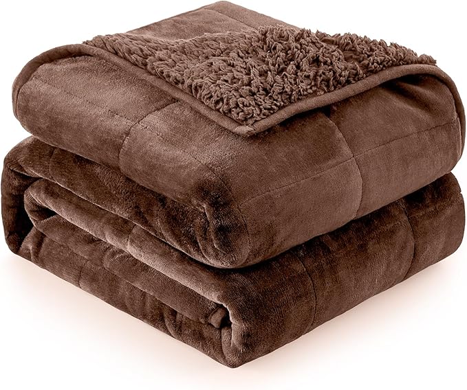 Cottonblue Fleece Weighted Blanket for Adults 15lbs Queen Size 60x80in Soft | Cozy Flannel Sherpa Weighted Blanket Throw for Calm Sleep Relax, Warm Shaggy Bed Sofa Couch Heavy Blanket, Chocolate Brown