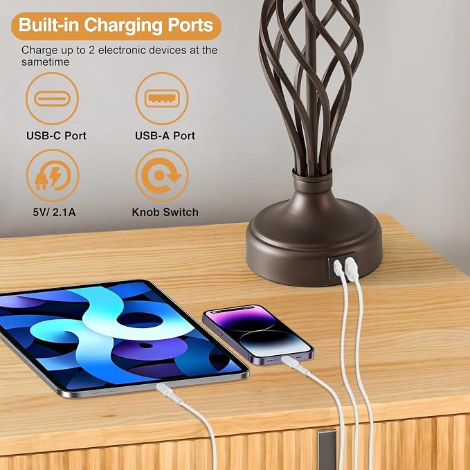 Table Lamp for Bedroom Set of 2 with USB C+A Ports,Modern Night Stand Lamp | Brown Bedside Lamps with Spiral Cage Base,Beige Fabric Shade,Lamp for Living Room Reading Bed Side End Table,Bulbs Included