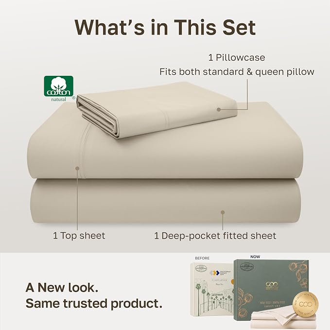 California Design Den 600 Thread Count Twin XL Bed Sheets, 3 Pc Set, Beige | 100% Cotton Sateen Backed by Good Housekeeping Seal, Soft & Smooth, All-Around Elastic, Durable, Easy Care