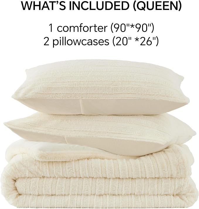BEDELITE Faux Fur Queen Comforter Set, Fluffy Bed Set, Cream White | Super Soft & Warm, Luxury Fuzzy Cozy Comforter for Winter, Heavy Plush Bed set, with 2 Pillowcases