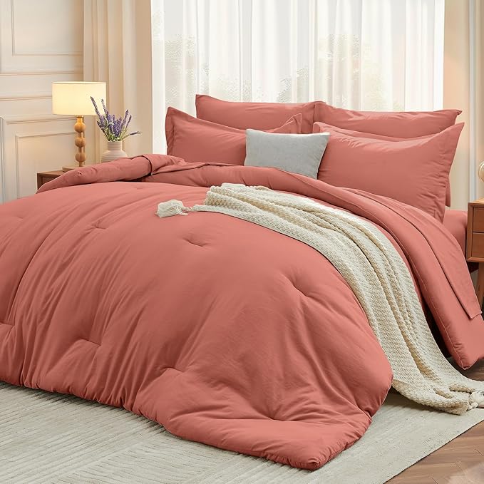 7 Pieces Full Comforter Set, Soft Bed in a Bag Full Size, All Season Bedding Set with Comforter, Flat Sheet, Fitted Sheet, Pillowcases & Shams, Coral Red