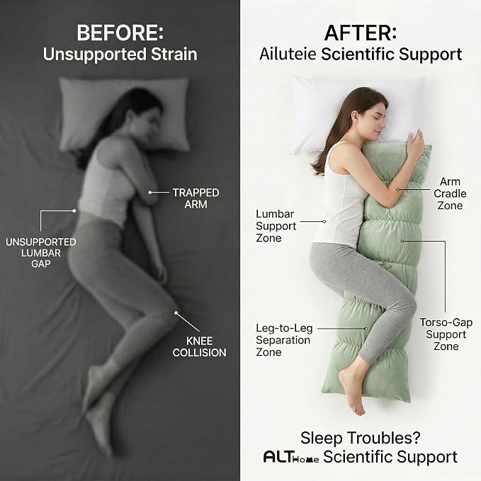 Pat. Pend. Full Body Pillow for Adults, 59 Inch, Celadon Green | Segmented long bed pillow for side sleepers with a removable, washable soft velvet cover; designed for comfortable sleeping.