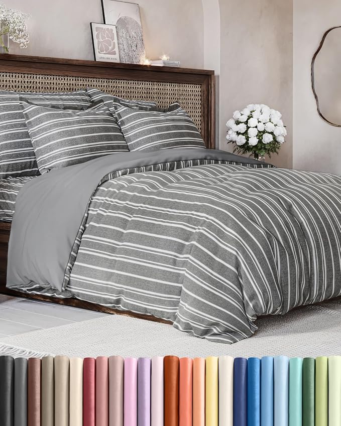 Duvet Cover Full Size - 3 Piece with Zipper Closure - Grey Stripes | Extra Soft, Breathable, Full Duvet Cover 80" x 90" with 2 Pillow Shams, Zipper Closures & Ties, Women, Men, Kids & Teens