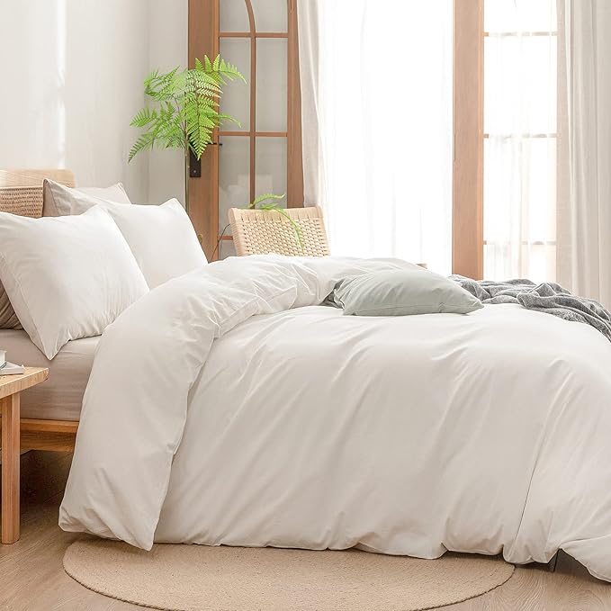 BESTOUCH Cotton Solid Duvet Cover Set Linen Feel Off White California King | 100% Washed Cotton, Soft Wrinkle Texture, Hidden Zipper, 8 Ties, Breathable Lightweight Durable Comfy, 3 Pcs No Insert