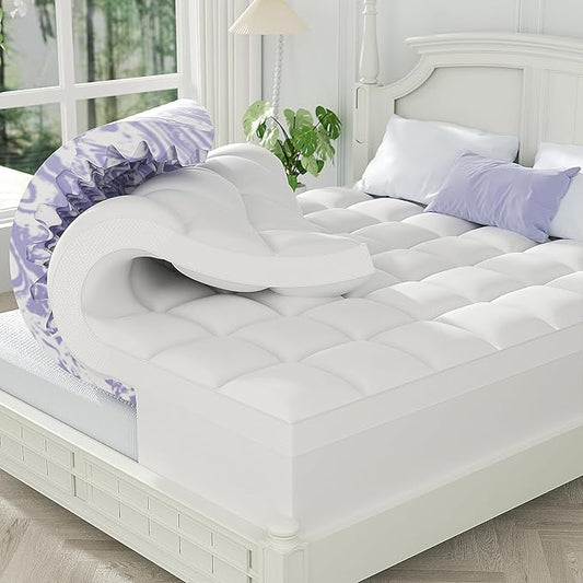 Dual Layer 5 Inch Memory Foam Mattress Topper Full | 3 Inch Pillow Top Mattress Pad Cover and 2 Inch Gel Memory Foam, 7-Zone Egg Crate & 2-in-1 Design (Cream)