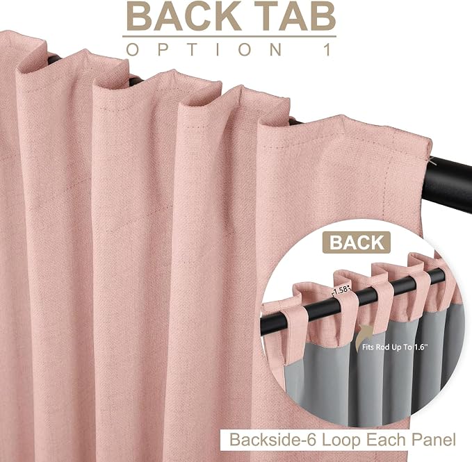 Faux Linen Total Blackout Curtains for Bedroom 63 Inch Long Blush Pink | 100% Blackout Shield, Back Tab/Rod Pocket Living Room Drapes, Thermal Insulated Blackout Curtains 2 Panels Set, 42"W x 63"L