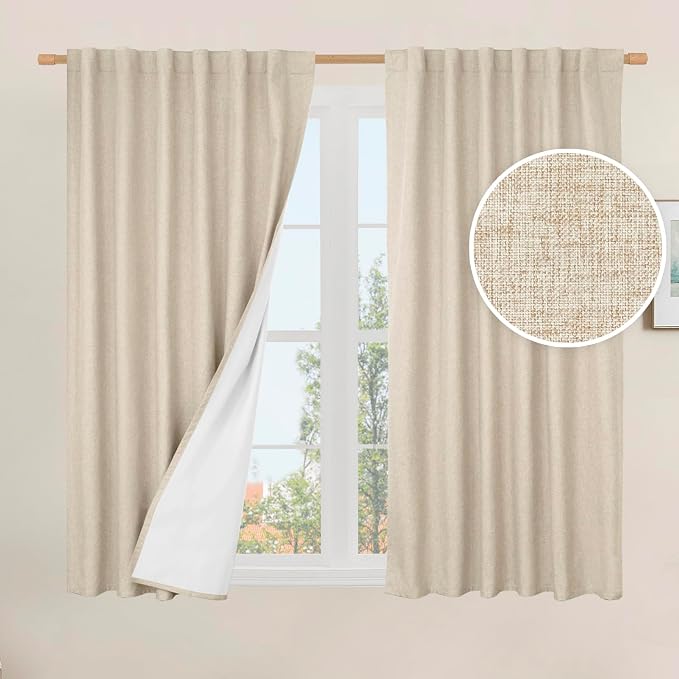 40 Inch Length 100% Blackout Linen Window Curtains for Kitchen, Linen | Linen Textured, Thermal Bedroom Curtains, Farmhouse Drapes with White Liner, Rod Pocket Back Tab, 2 Panels, 52 x 40 Inch