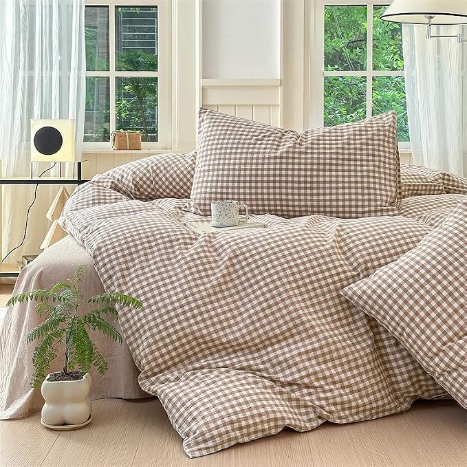 Nayoroom Brown Gingham Duvet Cover Set Twin Tan Plaid Checkered Bedding | Modern Farmhouse Cottage, Dorm Bedding, Soft Breathable Washed Microfiber, All-Season Comfort, Hidden Zipper, 4 Corner Ties