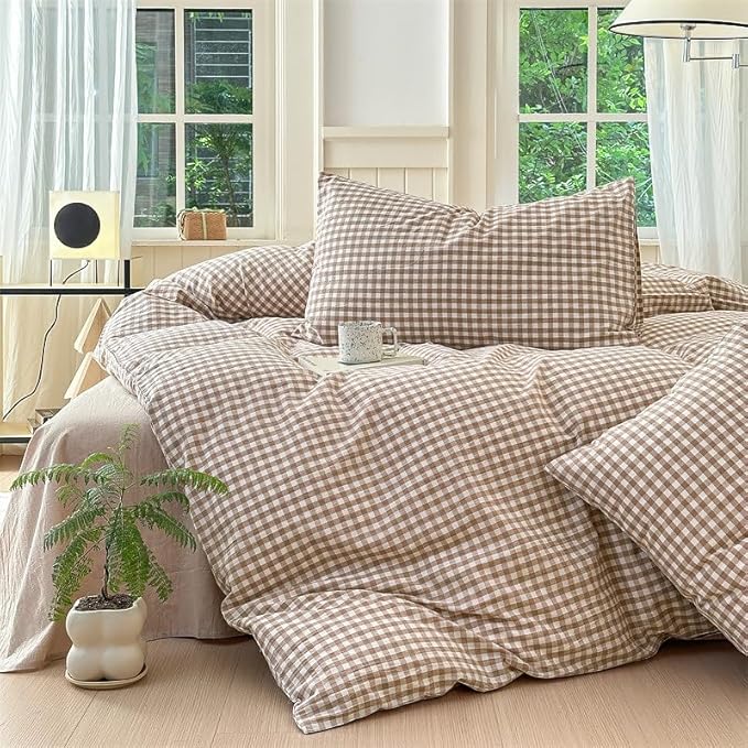 Nayoroom Brown Gingham Duvet Cover Set King Tan Plaid Checkered Bedding | Soft Breathable Washed Microfiber, All-Season Comfort, Hidden Zipper, 4 Corner Ties, Modern Farmhouse Cottage, Dorm Bedding