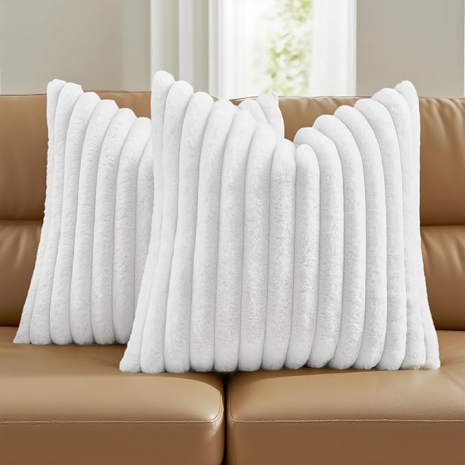 FUTEI Pack of 2 Faux Fur Throw Pillow Covers 16x16 Inch, White | Fluffy Faux Rabbit Fur Front/Premium Velvet Back,Hidden Zipper,Machine Washable,Non-Shedding,Colorfast,Insert Not Included.