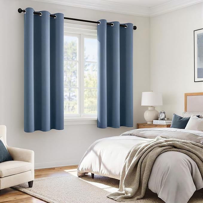 MIULEE Stone Blue 100% Blackout Short Curtains for Bedroom 40x45 Inch Long | 2 Thick Layers Thermal Insulated Window Curtains with Black Liner, Noise Reducing Grommet，Drapes for Living Room, 2 Panels