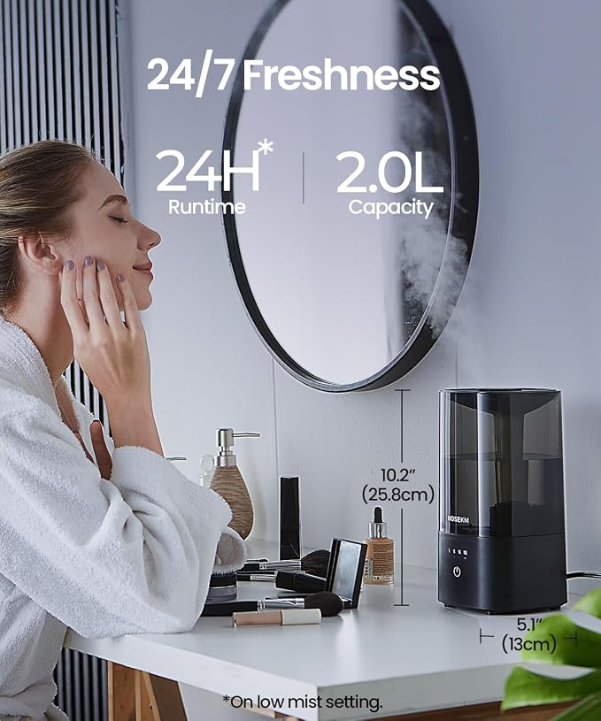 ROSEKM Humidifiers for Bedroom, 2.0L Cool Mist Humidifier for Home Plant and Baby Nursery, Quiet Ultrasonic Humidifier with 360° Nozzle, Auto Shut-Off, Filterless, Black