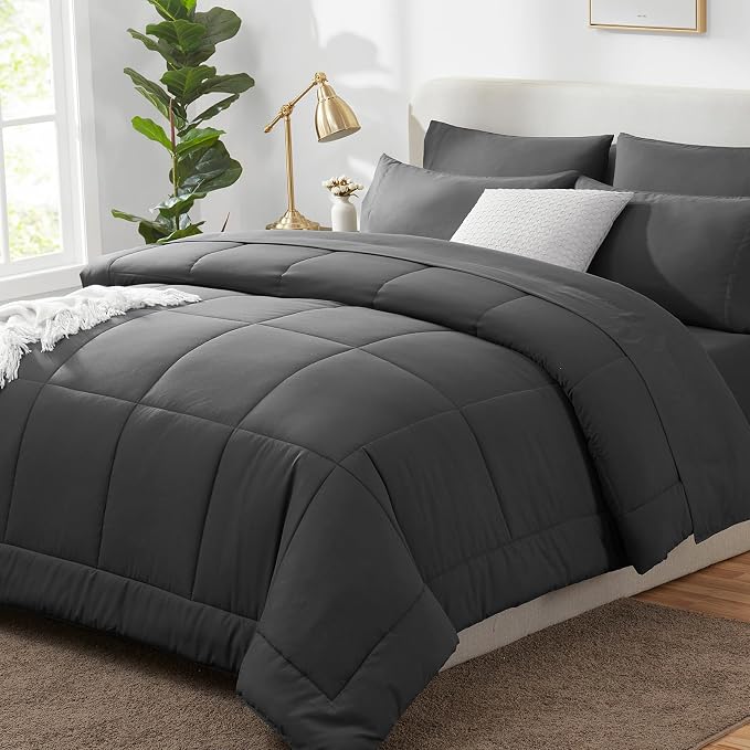 California King Comforter Set Dark Grey - 7 Pieces Bed in a Bag | OEKO-TEX Certified, All-Season, Bedroom, Guest Room, Down-Alternative Comforter + Flat & Fitted Sheets + 4 Pillowcases