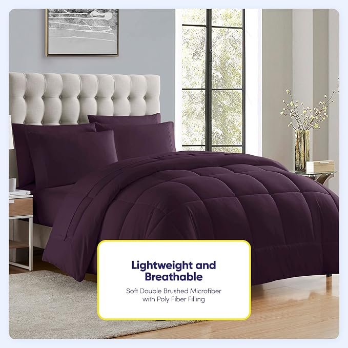 Sweet Home Collection 5 Piece Comforter Set Bag Solid Color All Season Soft Down Alternative Blanket & Luxurious Microfiber Bed Sheets, Purple, Twin XL