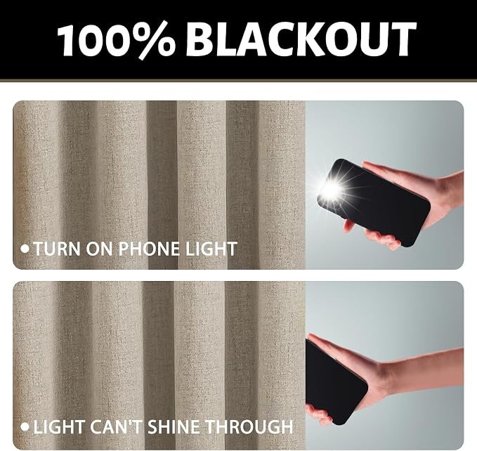 Yakamok Natural Linen Textured Curtains 63 Inches Long for Living Room | 100% Blackout Curtains,Room Darkening Curtains,Thermal Grommet Bedroom Curtain 2 Panels with Greyish White Liner,52W x 63L