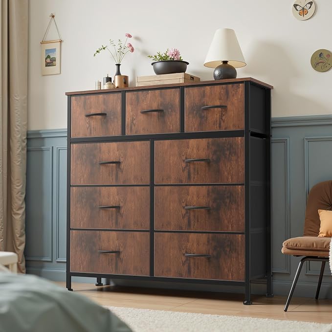 DUMOS Dresser for Bedroom, Storage Organizer with 9 Drawers | Chest of Drawers with Fabric Bins, Sturdy Metal Frame, Wood Tabletop for Guest Room, Closet, Entryway, Rustic Brown