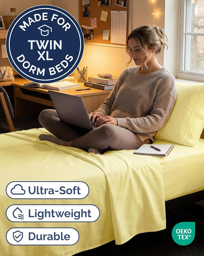 Twin XL 3 Piece Sheet Set - College Dorm Room Essentials - Yellow | Deep Pocket Bed Sheets for Women, Men, Teens & Students, Soft, Cooling, Breathable & Wrinkle Free, Oeko-Tex Bed Sheet Set