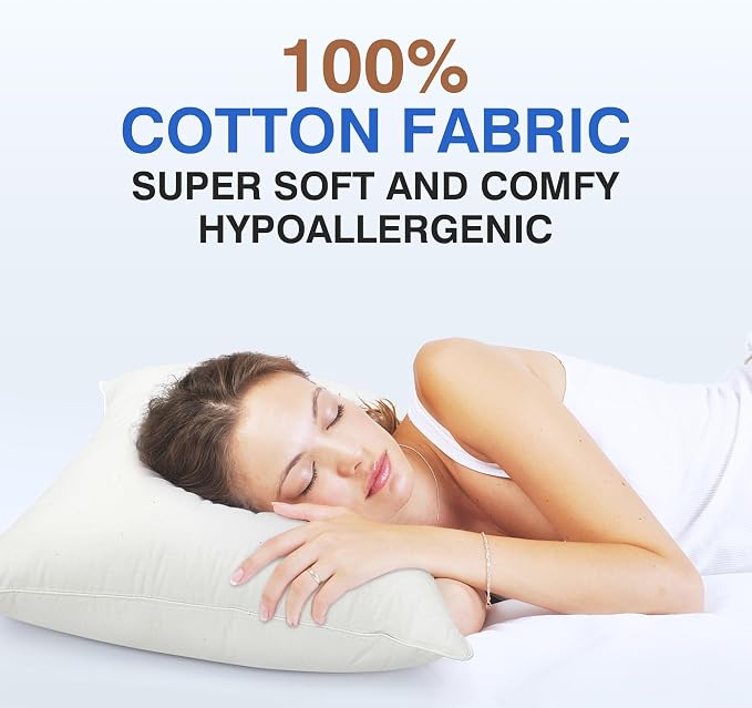 Feather Pillows Queen Size Set of 2 - Goose Down Hotel Bed Pillow for Sleeping, Soft Organic Cotton Shell Cover, Fluffy Support Surround Fill Polyester for Side, Back and Stomach Sleepers