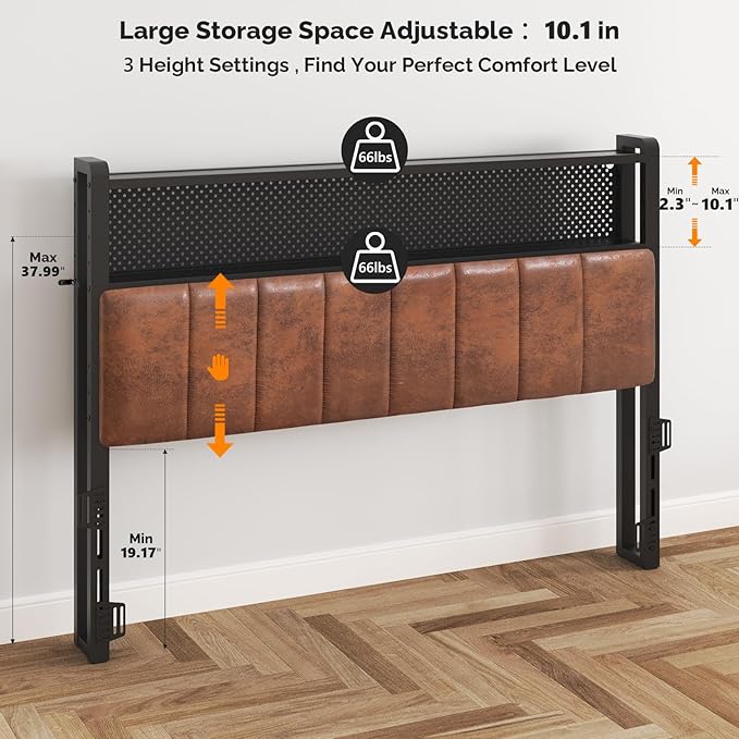 VINGLI Queen Size Headboard Industrial Brown PU Leather Head Boards for Bed with Storage, Upholstered, Chargers and Lights, 2 Tier Shelves and Pegboard,Height Adjustable, Retro Style