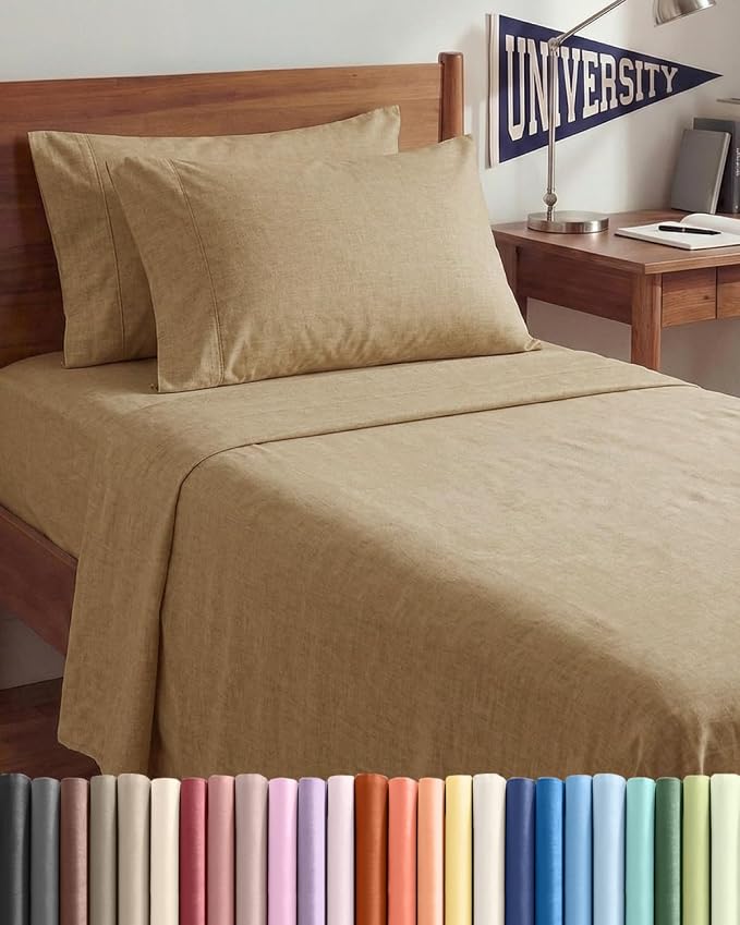 Twin XL 4 Piece Sheet Set - College Dorm Room Essentials - Heathered Tan | Ultra Soft Dorm Bedding Set, 8" to 16" Inch Deep Pockets, 1 Flat & 1 Fitted Sheet & 2 Pillowcases, Wrinkle & Fade Free