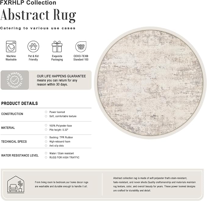 Round Area Rug Living Room: 4 ft Modern Washable Indoor Carpet | For Bedroom Dining Room Farmhouse Nursery Hallway Office,Modern Abstract,Machine washable,Non-Slip,Stain Resistant,Indoor