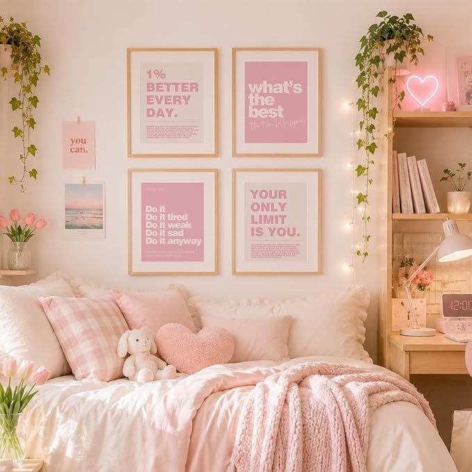 DSHFG Pink Motivational Inspirational Office Wall Art Decor Prints 4Pcs | Pink Office Motivational Wall Decor Trendy Retro Positive Affirmations Quotes Wall Decor Posters, 8x10 Unframed