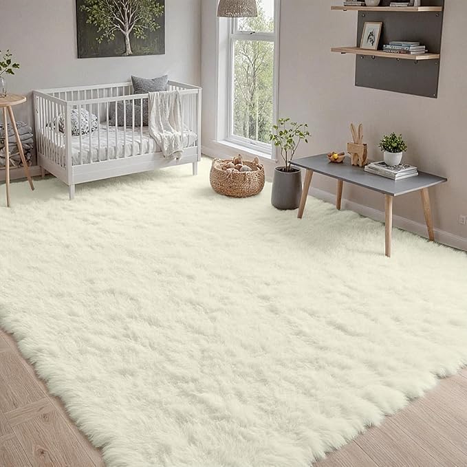 8x10 Fluffy Shag Area Rugs for Living Room Bedroom: Soft Carpet Cream White | Upgraded Non-Slip Thick Memory Foam, Ultra Soft, Non-Shedding Fuzzy Carpet, Easy Clean Decor for Kids Room, Nursery, Playroom