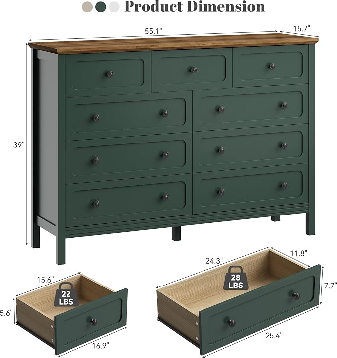 CARPETNAL 55" Green Dresser for Bedroom with 9 Drawer & Deep Drawers | Large Storage Modern Chest of Drawers with Metal Handles for Living Room, Hallway