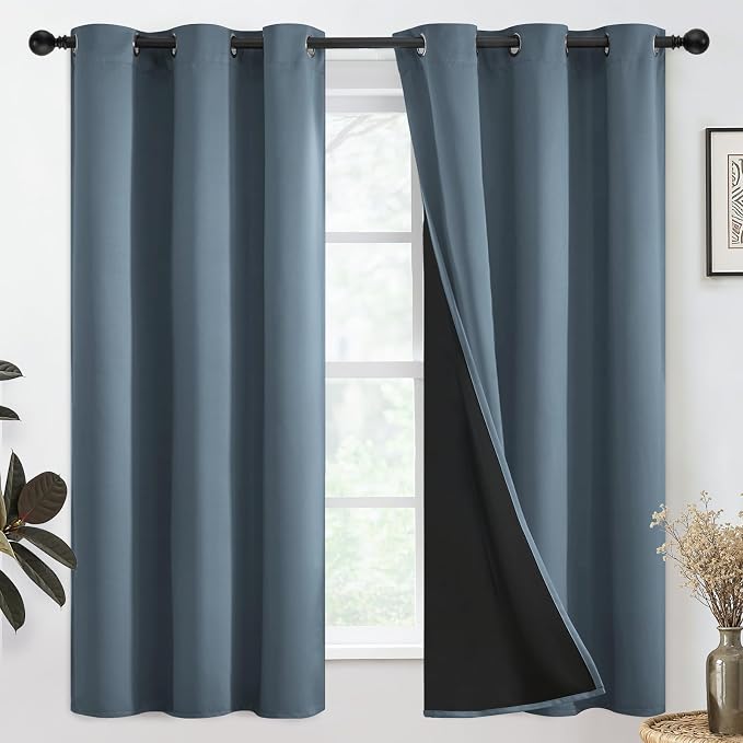 SimpleHome Stone Blue 100% Blackout Curtains Room Darkening Living Room 63L | Curtains for Bedroom,Thermal Insulated Grommet Window Drapes,Curtains for Living Room with Black Back,38 x 63 Inch,2 Panels