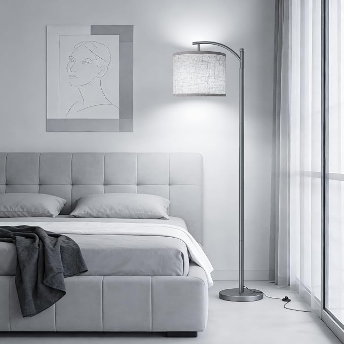 Floor Lamp for Living Room with 3 Color Temperatures LED Bulb, Standing Lamp Tall Industrial Floor Lamp Reading for Bedroom, Office (9W LED Bulb, Beige Lampshade Included) -Grey
