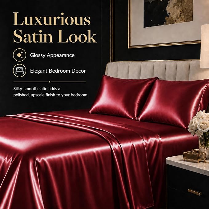 CozyLux Satin Sheets King, 6-Piece 14-Inch Deep Pocket Sheet Set | OEKO-TEX Certified Silky Soft Sheet Set for Hair & Skin, Luxurious Silky-Smooth Satin for Elegant Bedroom Decor, Burgundy