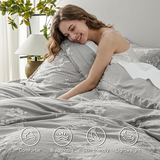 PHF Stone-Washed 100% Cotton Duvet Cover Queen Size, 90"x90", Formal Grey | Elegant Floral Jacquard Woven, Ultra Soft Breathable All Season Bedding Set for Adults, 3pcs with 2 Pillow Shams, No Filling