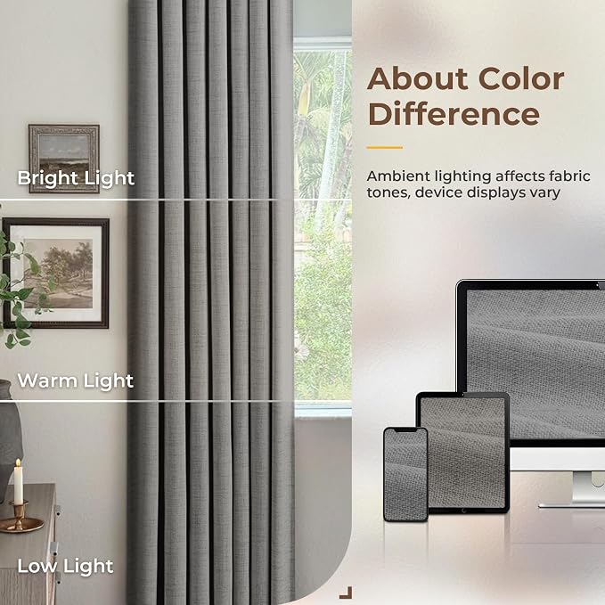 INOVADAY 100% Blackout Curtains for Bedroom Black Out Curtains 63 Inch Long | Dark Grey Curtains for Living Room 2 Panels, Clip Rings Linen Look Blackout Drapes, Thermal Insulated Room Darkening,W50xL63