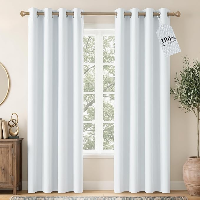 NICETOWN Farmhouse 100% Blackout Linen Curtains for Bedroom, Off White, W52, 2 Pieces, Noise Reducing Textured Linen Look 95 inch Length Curtains for Living Room