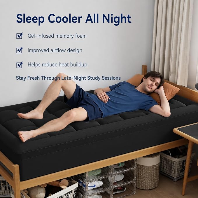 ELEMUSE Twin XL College Dorm Essentials 3 Inch Memory Foam Mattress Topper | Dual Layer Design, 2 Inch Cooling Gel Foam and 1 Inch Soft Pillow Top Bed Pad, Back to School, Comfortable Support