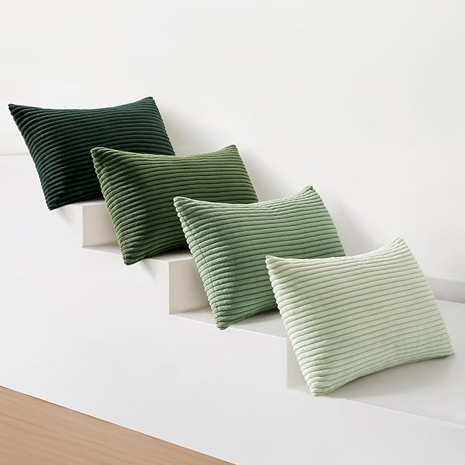 MIULEE Soft Corduroy Decorative Lumbar Pillow Covers Forest Green 12x20 | Set of 4, Mordern Nordic Home Decor, Green Gradient Matching, Boho Farmhouse Throw Pillows for Couch Bed Sofa Living Room