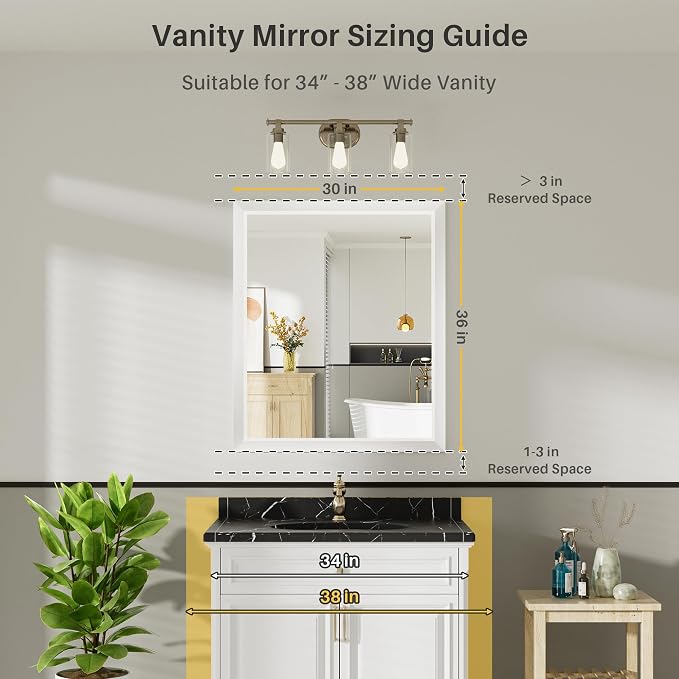 Bathroom Wall Mirror, White Metal Frame, 36x30 Inch | Anti-rust, HD tempered glass, for bathroom vanity, bedroom, living room, horizontal or vertical mount