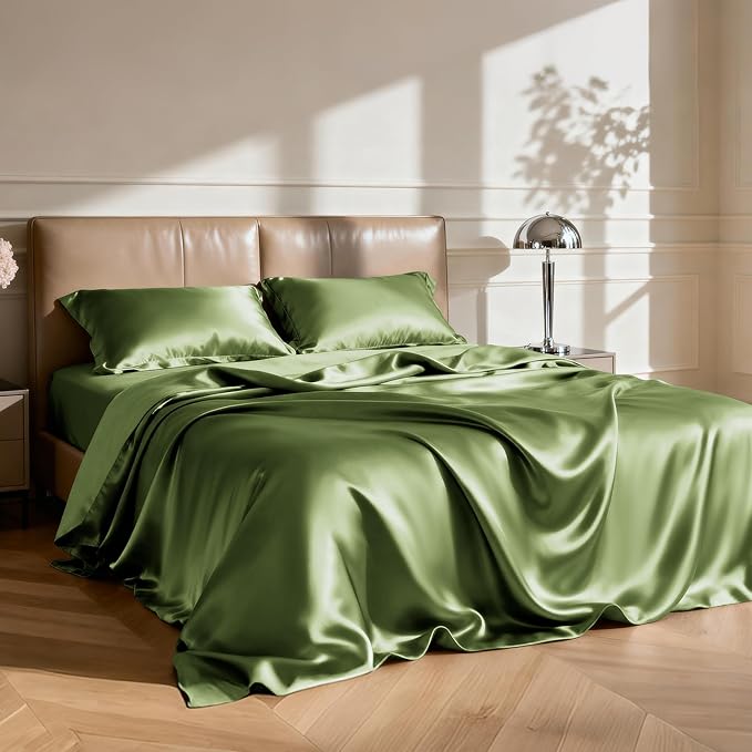 Love's cabin Full Size Satin Sheet Sets - 4 Piece Sage Silky Satin Sheet Set Full with Deep Pocket, Luxury Silk Feel Satin Bed Sheets Full Bedding Set (1 Flat Sheet,1 Fitted Sheet,2 Pillow Cases)