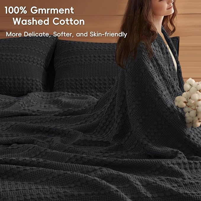 PHF 100% Cotton Waffle Weave Blanket Oversized King for Bed 120"x120"- Giant Big Lightweight Blanket 10'x10' for Bed Sofa - Aesthetic Extra Large Washed Cotton Soft Blanket - Black | Pre-Washed Soft Cotton Comfor, Extra Large 10'x10' Blanket, Giant Big...