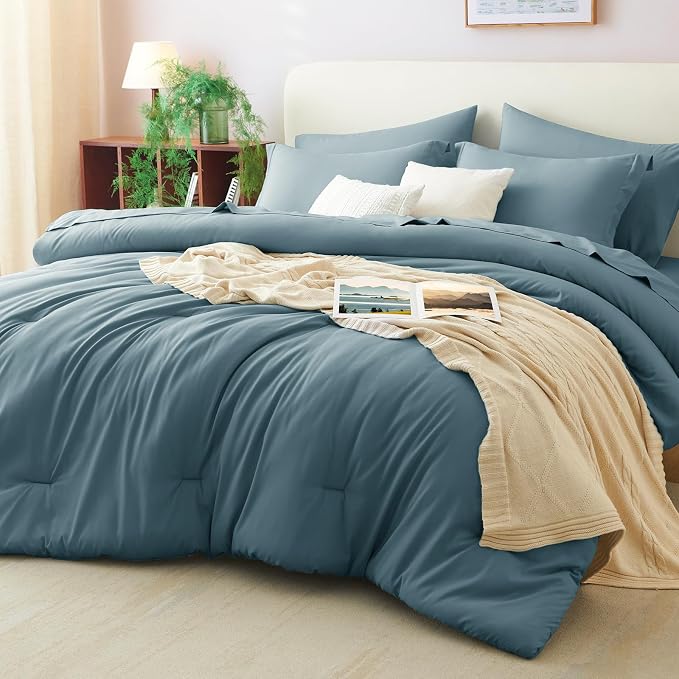 King Size Comforter Set Mineral Blue, 7 Pieces Bed in a Bag | OEKO-TEX Certified, All-Season, Bedroom, 240GSM Down Alternative Comforter, Flat & Fitted Sheets, 2 Pillowcases & 2 Shams
