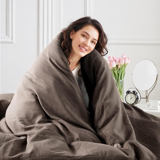 NEXHOME PRO 100% Washed Cotton Duvet Cover King Size, Ogranic Natural Linen Feel Breathable Bedding Set with Zipper Closure, 3 Pieces Duvet Cover Set Chocolate (No Comfortert) 10490