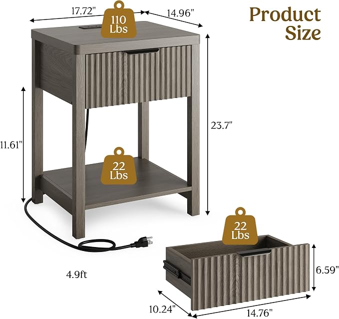 Night Stand Set 1, Fluted Wood Bedside Table w/Socket Station for Bedroom | Dark Grey, Storage Drawer, Open Shelf, Metal Silent Rails, Round Corners, Modern Fluted Panel, Living Room, Bedside Table