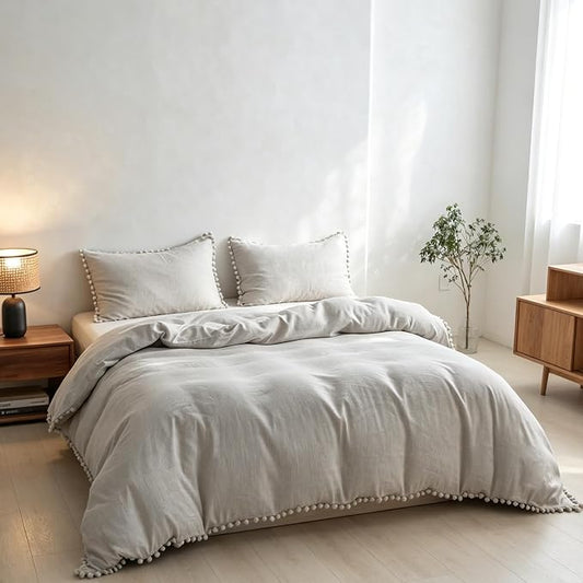 Simple&Opulence French Linen Blended Duvet Cover Queen, Flax Viscose Derived from Bamboo Bedding Set with Pom Pom Trim Soft Cooling for Hot Sleepers, 1 Boho Comforter Cover and 2 Pillow Shams, Linen