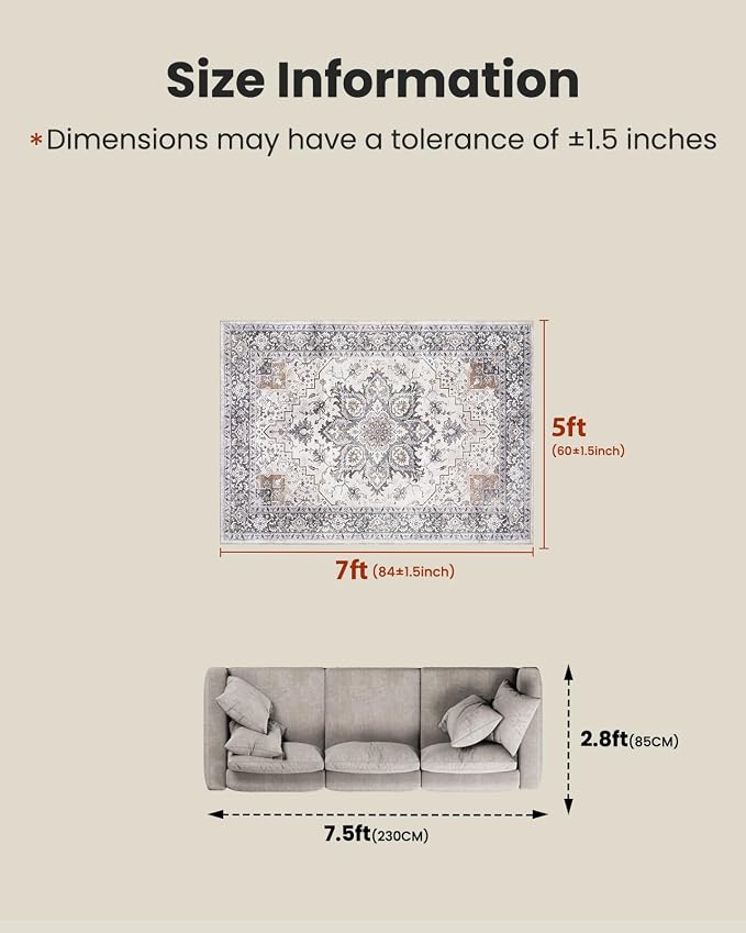 AMADA HOMEFURNISHING 5x7 Area Rugs, Washable Living Room Rug Low-Profile with Non-Slip Backing & Durable Edge Binding, Vintage 5x7 Rugs for Living Room, Bedroom, Dinning Room