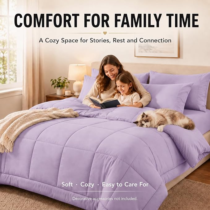 Full Size Comforter Sets Lavender - 7 Pieces Bed in a Bag | OEKO-TEX Certified, All-Season, Bedroom, Guest Room, Down-Alternative Comforter + Flat & Fitted Sheets + 4 Pillowcases