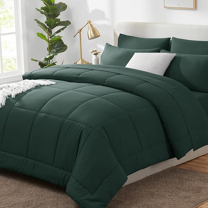Oversized King Comforter Set Forest Green - 7 Pieces Bed in a Bag | OEKO-TEX Certified, All-Season, Bedroom, Guest Room, Down-Alternative Comforter + Flat & Fitted Sheets + 4 Pillowcases