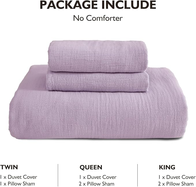 EMME Muslin Cotton Duvet Cover Set Lavender Twin Size Linen Like Soft Breathable Lightweight Summer Comforter Cover Set with Zipper Closure (Lavender, Twin, 68"x90")