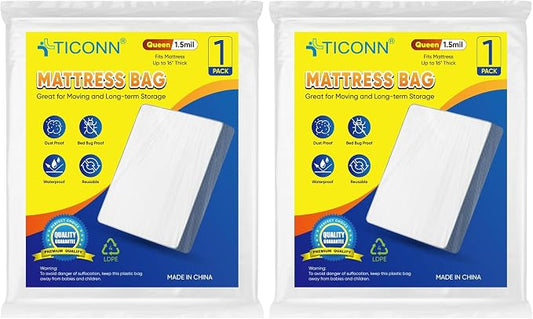 TICONN 1PK Plastic Mattress Bag for Moving Storage, Waterproof Mattress Protector Cover, Heavy-Duty Mattress Moving Supplies (1.5 mil, Queen) (Pack of 2)